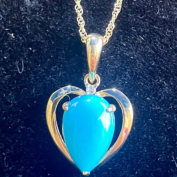 🤩 NWOT 12X8 SLEEPING BEAUTY TURQUOISE WITH WHITE DIAMOND REAL 10K GOLD PENDANT - Picture 2 of 9